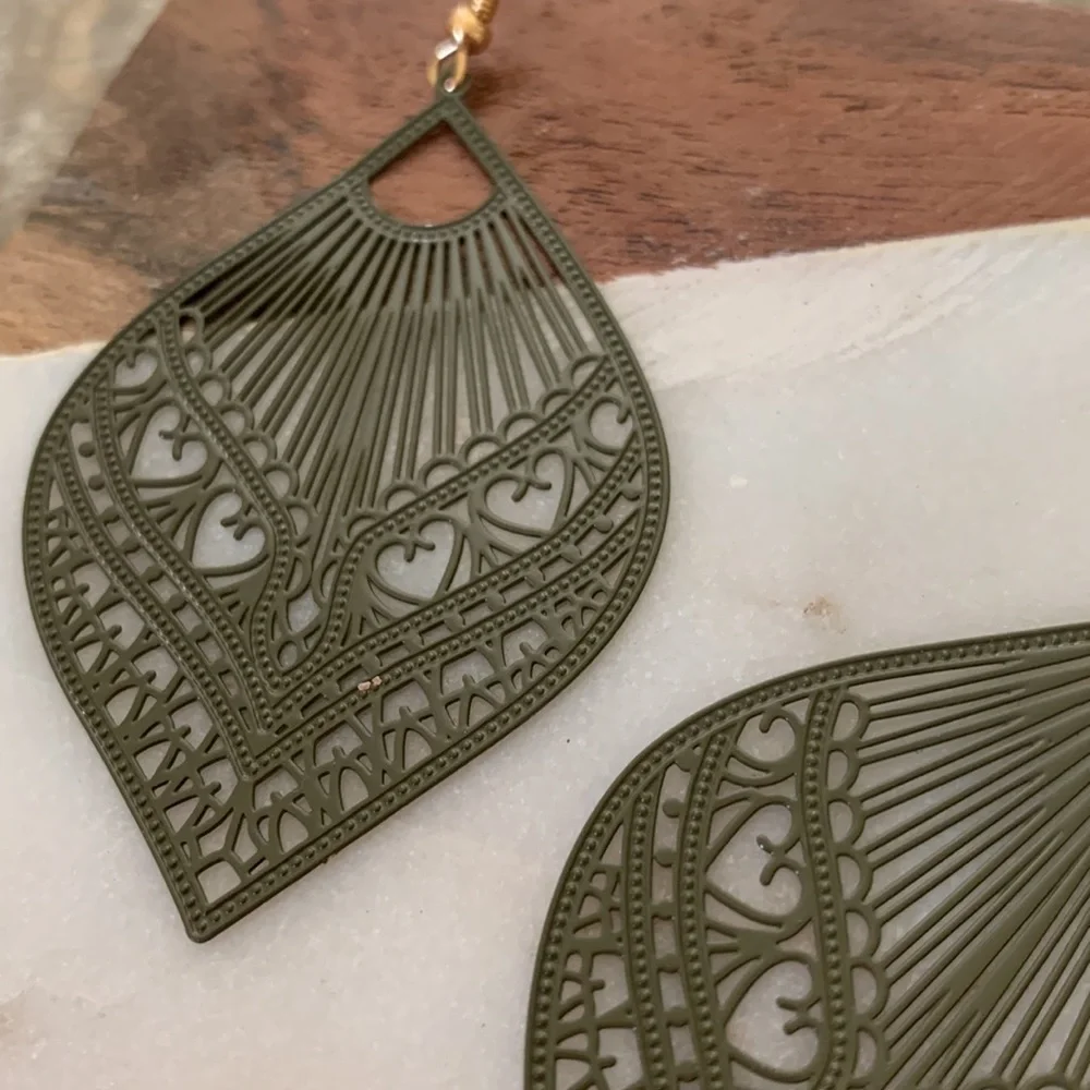 Army Green Filigree Drop Earrings - Picture 3 of 4